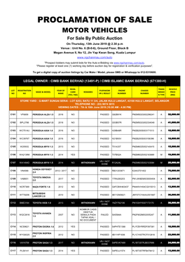 PROCLAMATION of SALE MOTOR VEHICLES for Sale by Public Auction on Thursday, 13Th June 2019 @ 2.30 P.M Venue : Unit No