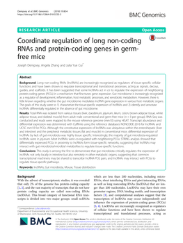 Coordinate Regulation of Long Non-Coding Rnas and Protein-Coding Genes in Germ- Free Mice Joseph Dempsey, Angela Zhang and Julia Yue Cui*