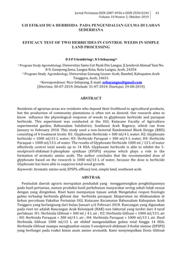 Uji Efikasi Dua Herbisida Pada Pengendalian Gulma Di Lahan Sederhana