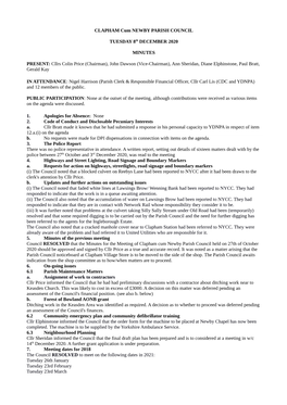 CLAPHAM Cum NEWBY PARISH COUNCIL TUESDAY 8Th