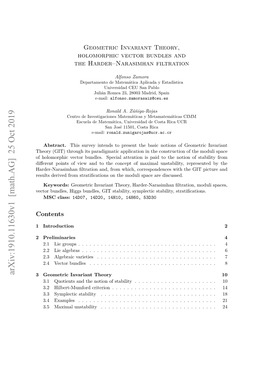 Arxiv:1910.11630V1 [Math.AG] 25 Oct 2019 3 Geometric Invariant Theory 10 3.1 Quotients and the Notion of Stability