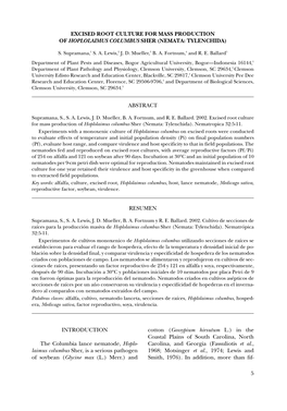 5 EXCISED ROOT CULTURE for MASS PRODUCTION of HOPLOLAIMUS COLUMBUS SHER (NEMATA: TYLENCHIDA) ABSTRACT RESUMEN INTRODUCTION the C