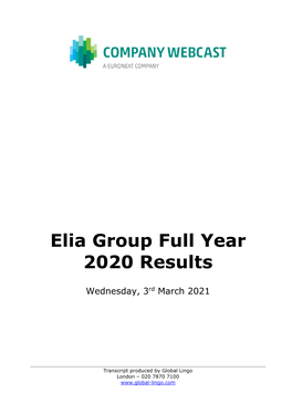 Elia Group Full Year 2020 Results