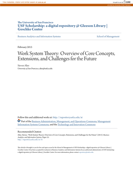 Work System Theory: Overview of Core Concepts, Extensions, and Challenges for the Future Steven Alter University of San Francisco, Alter@Usfca.Edu