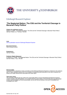 The Neglected Nation: the CSU and the Territorial Cleavage in Bavarian Party Politics’', German Politics, Vol