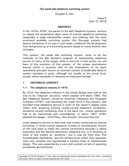 The Panel Dial Telephone Switching System Douglas A. Kerr Issue 6 June 15, 2018