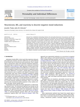 Neuroticism, BIS, and Reactivity to Discrete Negative Mood Inductions ⇑ Jennifer Thake, John M