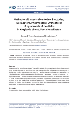 Of Agrocenosis of Rice Fields in Kyzylorda Oblast, South Kazakhstan