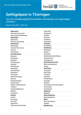 Geflügelpest in Thüringen Von Der Aufstallungspflicht Betroffene Gemeinden Mit Zugehörigen Ortsteilen Stand: 30.03.2021, 18.00 Uhr