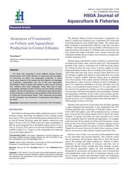 Awareness of Community on Fishery and Aquaculture Production in Central Ethiopia