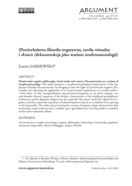 Post)Sekularna Filozofia Negatywna, Media Wizualne I Ekstasis (Dekonstrukcja Jako Wariant Neofenomenologii