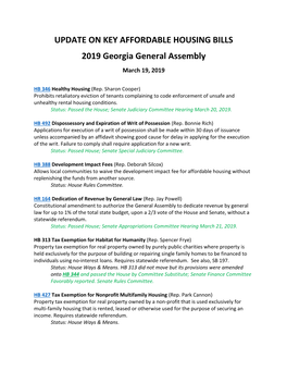 UPDATE on KEY AFFORDABLE HOUSING BILLS 2019 Georgia General Assembly March 19, 2019