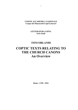 COPTIC TEXTS RELATING to the CHURCH CANONS an Overview