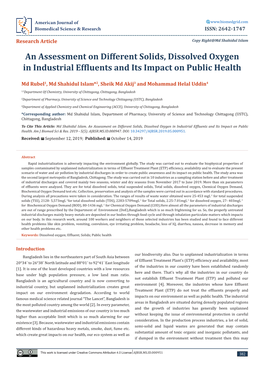 An Assessment on Different Solids, Dissolved Oxygen in Industrial Effluents and Its Impact on Public Health