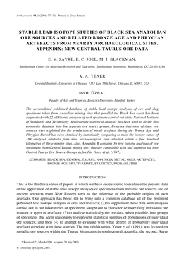 Stable Lead Isotope Studies of Black Sea Anatolian Ore Sources and Related Bronze Age and Phrygian Artefacts from Nearby Archaeological Sites