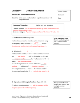 Chapter 4 Complex Numbers Course Number