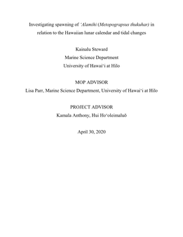 Investigating Spawning of ʻalamihi (Metopograpsus Thukuhar) in Relation to the Hawaiian Lunar Calendar and Tidal Changes