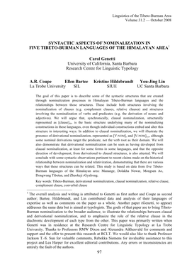 Syntactic Aspects of Nominalization in Five Tibeto-Burman Languages of the Himalayan Area1