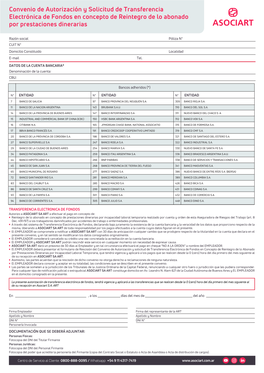 Convenio De Autorización Y Solicitud De Transferencia Electrónica De Fondos En Concepto De Reintegro De Lo Abonado Por Prestaciones Dinerarias