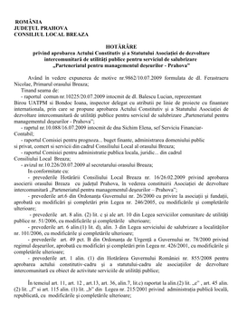 ROMÂNIA JUDEŢUL PRAHOVA CONSILIUL LOCAL BREAZA HOTĂRÂRE Privind Aprobarea Actului Constitutiv Şi a Statutului Asociaţiei D