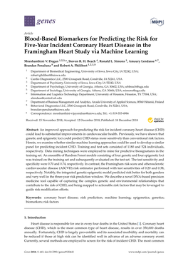 Blood-Based Biomarkers for Predicting the Risk for Five-Year Incident Coronary Heart Disease in the Framingham Heart Study Via Machine Learning