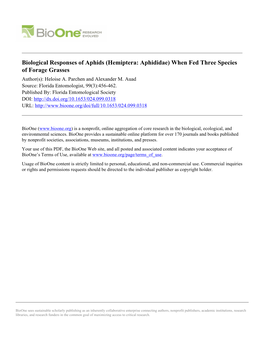 Biological Responses of Aphids (Hemiptera: Aphididae) When Fed Three Species of Forage Grasses Author(S): Heloise A