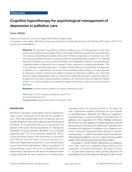 Cognitive Hypnotherapy for Psychological Management of Depression in Palliative Care