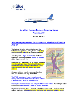 Aviation Human Factors Industry News August 2, 2007 Airline