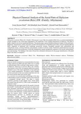 Physico-Chemical Analysis of the Aerial Parts of Diplazium Esculentum (Retz.) SW