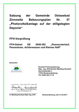 Satzung Der Gemeinde Ostseebad Zinnowitz Bebauungsplan Nr