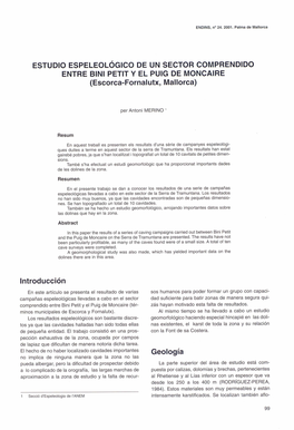 Estudio Espeleológico De Un Sector Comprendido Entre Bini Petit Y El Puig De Moncaire : Escorca-Fornalutx, Mallorca