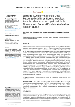 Lambda Cyhalothrin Elicited Dose Response Toxicity On