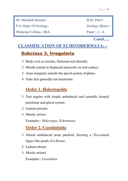 CLASSIFICATION of ECHINODERMATA: -- Subclass 3