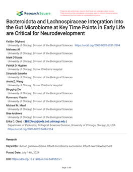 Bacteroidota and Lachnospiraceae Integration Into the Gut Microbiome at Key Time Points in Early Life Are Critical for Neurodevelopment