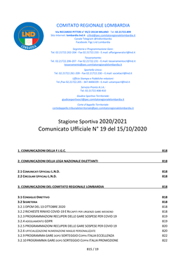 Comunicato Ufficiale N° 19 Del 15/10/2020