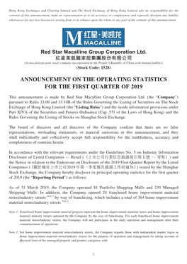 Announcement on the Operating Statistics for the First Quarter of 2019