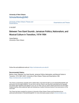 Jamaican Politics, Nationalism, and Musical Culture in Transition, 1974-1984
