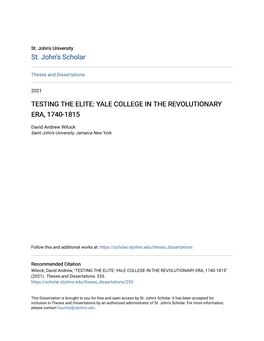 Testing the Elite: Yale College in the Revolutionary Era, 1740-1815