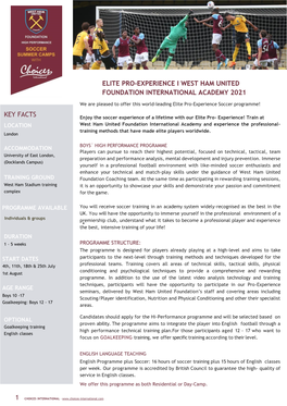 Elite Pro-Experience I West Ham United Foundation International Academy 2021 Key Facts