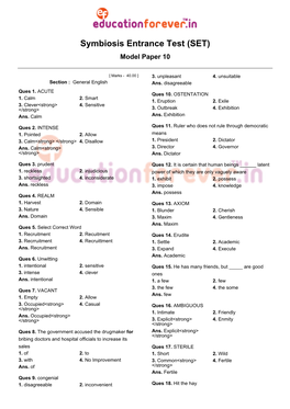 Symbiosis Entrance Test (SET) Model Paper 10