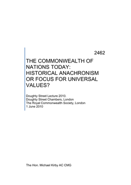 The Commonwealth of Nations Today: Historical Anachronism Or Focus for Universal Values?