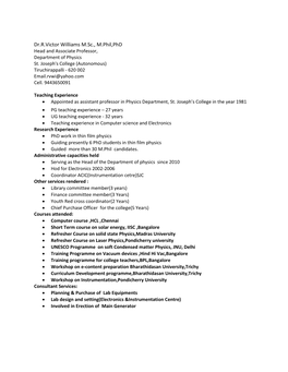 Dr.R.Victor Williams M.Sc., M.Phil,Phd Head and Associate Professor, Department of Physics St