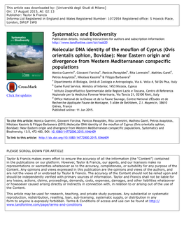 Systematics and Biodiversity Molecular DNA Identity of the Mouflon of Cyprus (Ovis Orientalis Ophion, Bovidae): Near Eastern