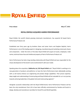 Royal Enfield Acquires Harris Performance