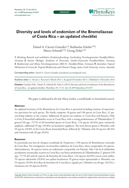 Diversity and Levels of Endemism of the Bromeliaceae of Costa Rica – an Updated Checklist
