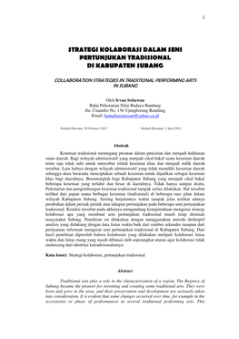 Strategi Kolaborasi Dalam Seni Pertunjukan Tradisional Di Kabupaten Subang