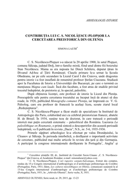 Contribuţia Lui C. S. Nicolăescu-Plopşor La Cercetarea Preistorică Din Oltenia