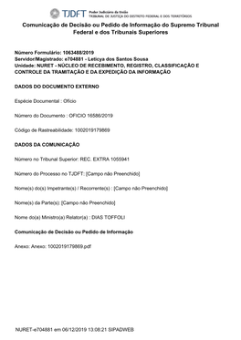 Formulário Eletrônico - Comunicação De Decisão Ou Pedido De Informação Do Supremo Tribunal Federal E Dos Tribunais Superiores 1063488/2019