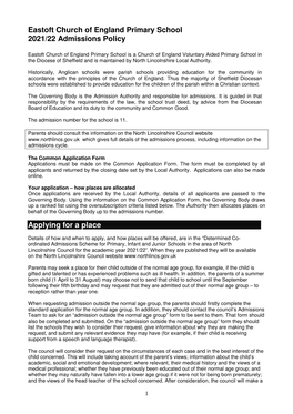 Eastoft Church of England Primary School 2021/22 Admissions Policy