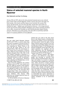 Status of Selected Mammal Species in North Myanmar